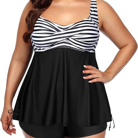 AQUA EVE FLOWY BLACK WHITE STRIPE TWIST FRONT BOY SHORTS TANKINI SET SIZE 18 NWT - Picture 3 of 8